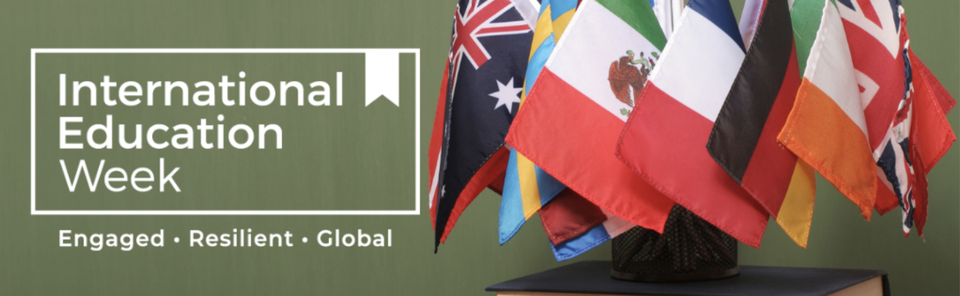 graphic for international education week. there is an image of international flags.